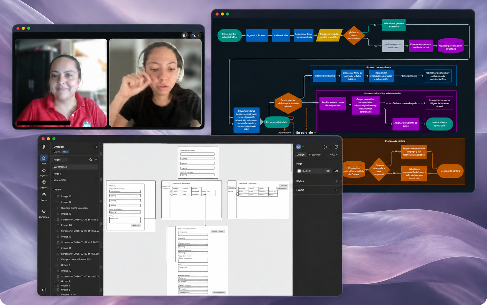 Reunión de trabajo grabada, mapa de procesos y wireframes usados para entender la operación antes de diseñar.