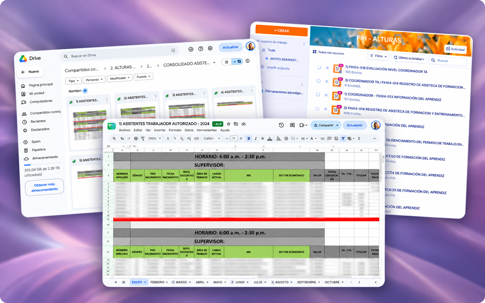 La operación anterior: carpetas de Google Drive, hojas de Excel y formularios de Jotform, repartidas entre herramientas.