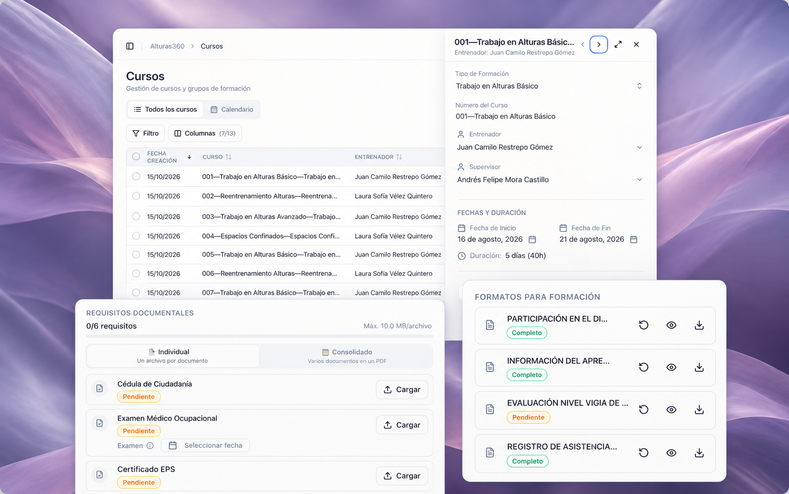 Cursos y grupos de formación junto a los requisitos documentales y los formatos de una matrícula.