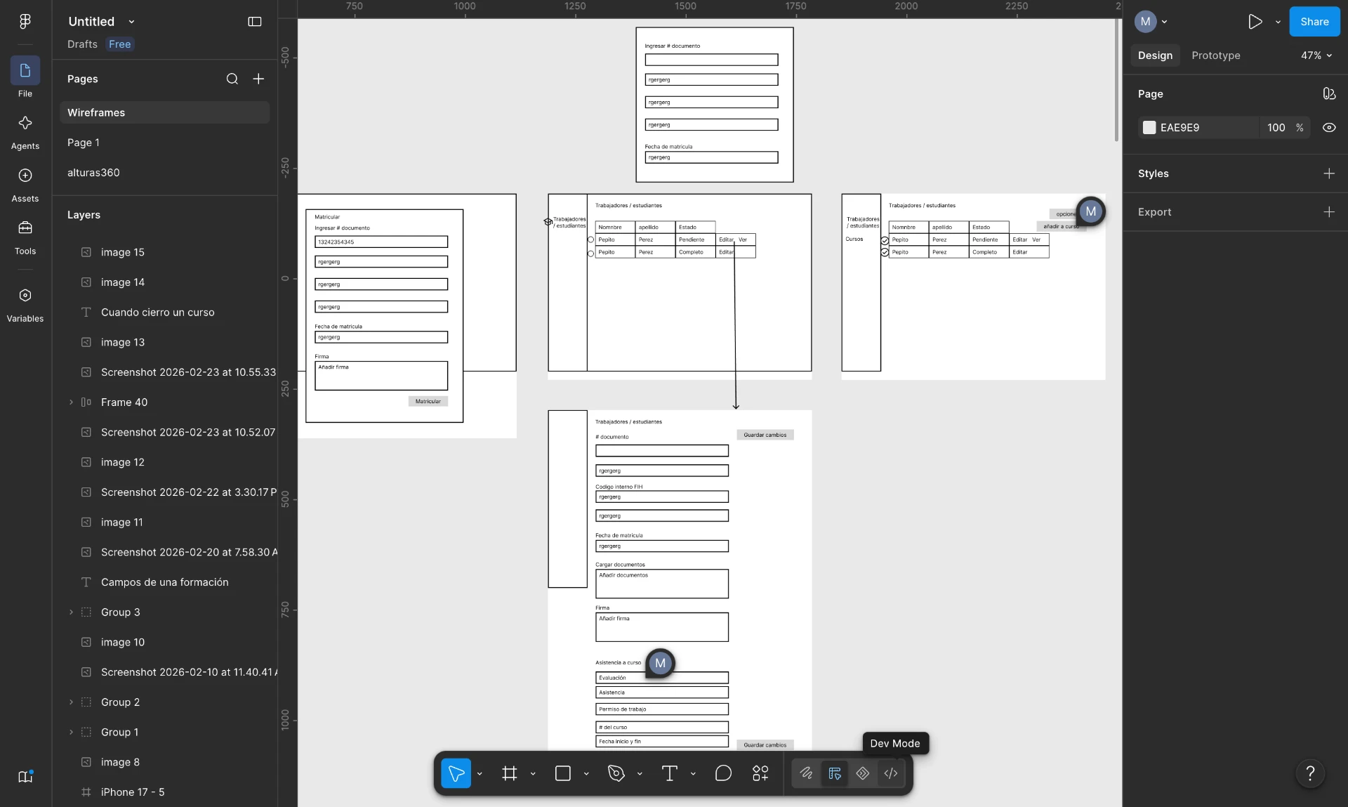 Wireframes de baja fidelidad del flujo de matrícula en Figma